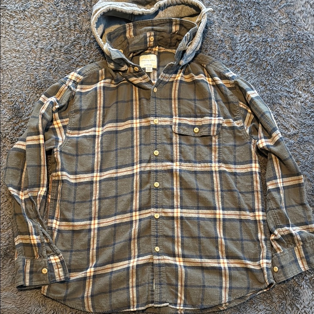 Men's Plaid Removable Hooded Button Down Shirt - AE